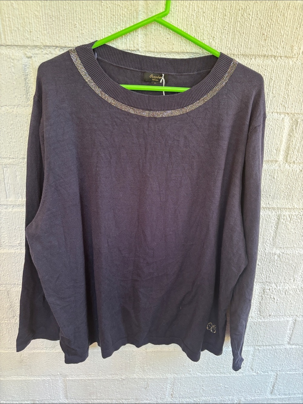 October Women Italian Brand Sequins Collar Navy Blue Sweater sz XL